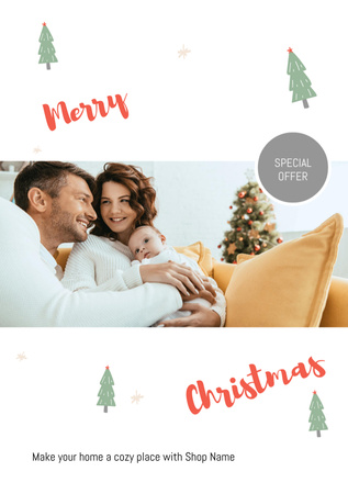 Young Couple with Newborn Baby Celebrating Christmas in July Postcard A5 Vertical Design Template