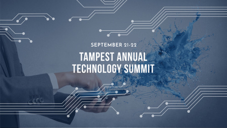 Plantilla de diseño de Technology Summit with Man using Tablet FB event cover 