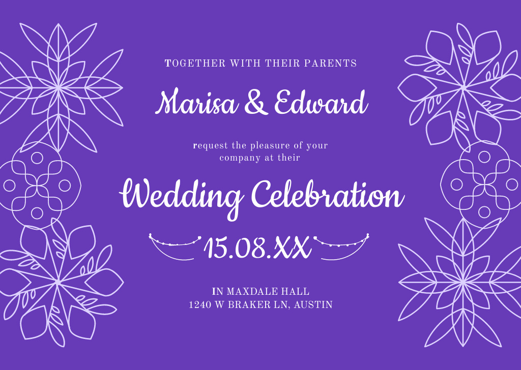 Wedding Invitation with Illustration of Flowers on Purple Flyer A6 Horizontal Design Template