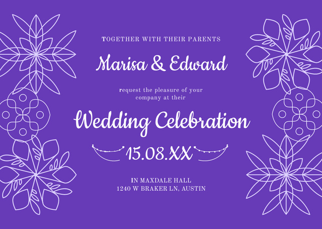 Wedding Invitation with Illustration of Flowers on Purple Flyer A6 Horizontal Modelo de Design