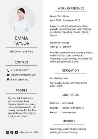 Personal Care Aide Skills and Experience Resume Design Template