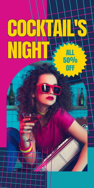 Cocktail Night with Stylish Young Woman with Glass of Drink Graphic Design Template