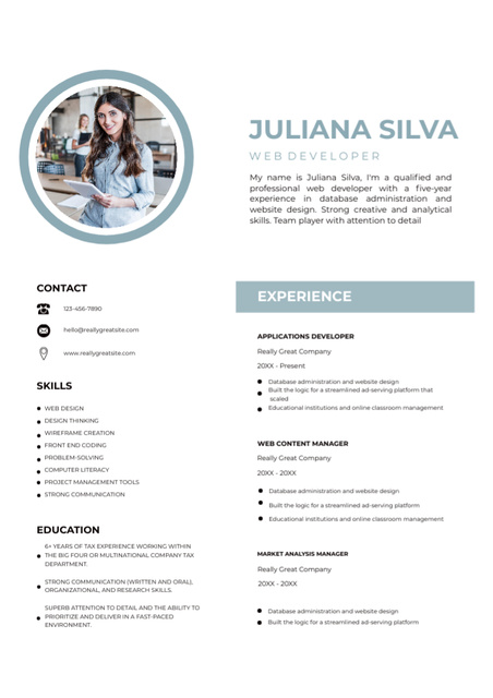 Web Developer Skills and Experience with Photography Women Resume Modelo de Design