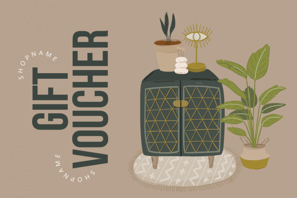 Home Decor Voucher with Cartoon Illustration on Brown Gift Certificate Modelo de Design