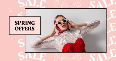 Spring Fashion Offers Announcement with Woman in Stylish Sunglasses Facebook AD Πρότυπο σχεδίασης