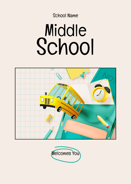 Middle School Welcomes You With Bus Postcard A6 Vertical Tasarım Şablonu