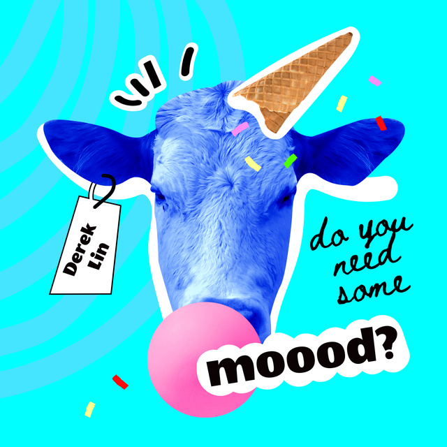 Funny Cow with Ice Cream Waffle Cone Album Cover Design Template
