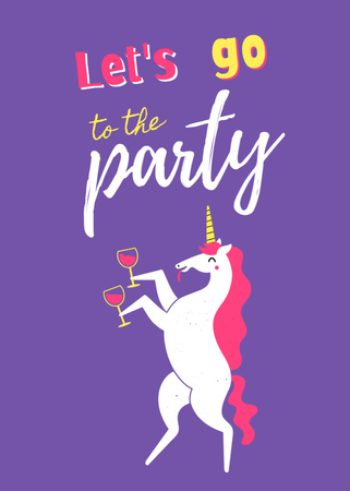 Template di design Annuncio di festa e unicorno con bicchieri di vino in viola Postcard 5x7in Vertical