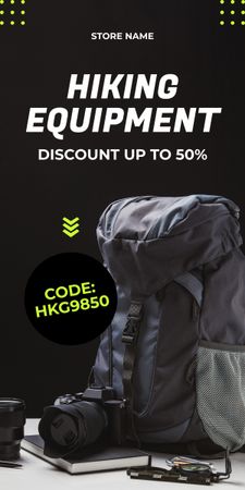 Designvorlage Angebot an Wanderausrüstung mit schwarzem Rucksack für Graphic