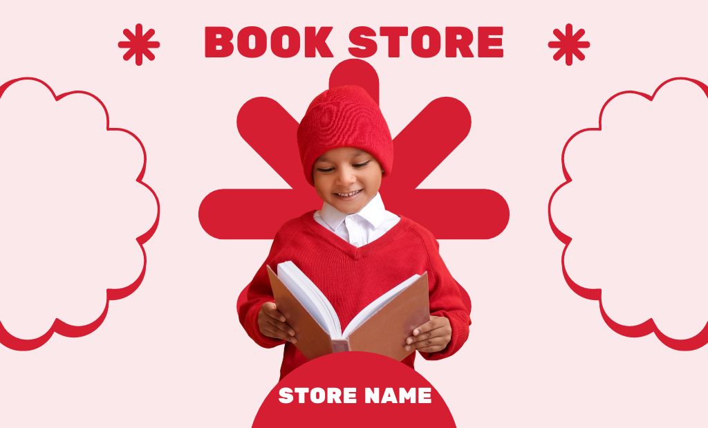 Bookstore's Ad with Mixed Race Boy on Red Business Card 91x55mm Šablona návrhu