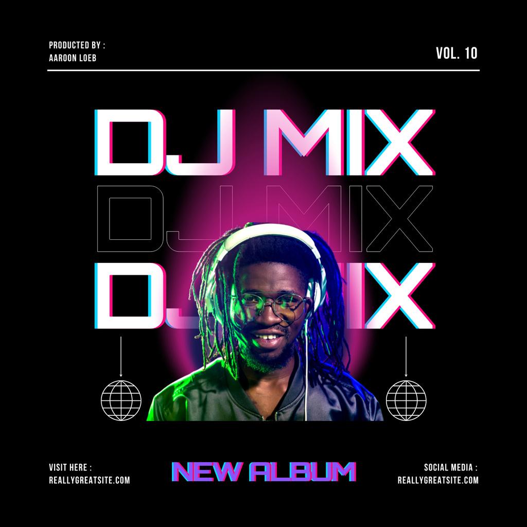 Modern composition with smiling black man in headphones Album Cover Design Template