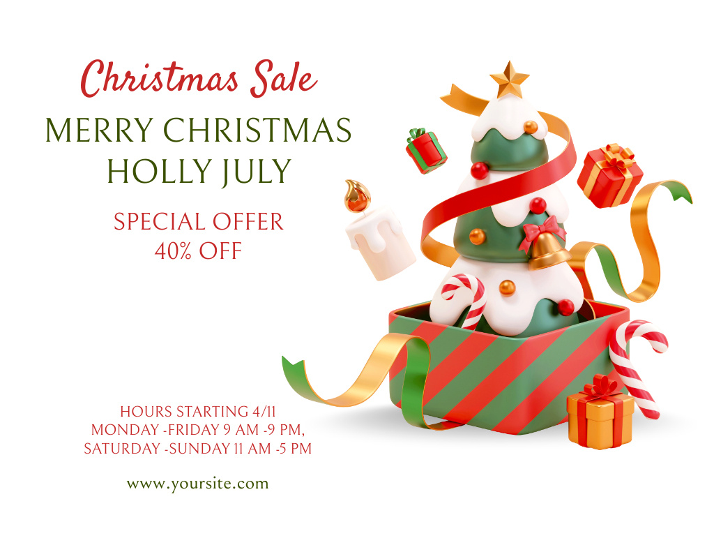 Template di design July Christmas Sale Special Offer with Cute Christmas Tree Flyer 8.5x11in Horizontal