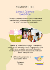 Science Exhibition Announcement with Little Pupil and Books