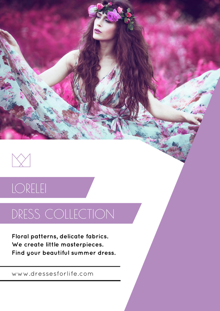 Fashion Ad with Woman in Floral Dress in Purple Poster Modelo de Design