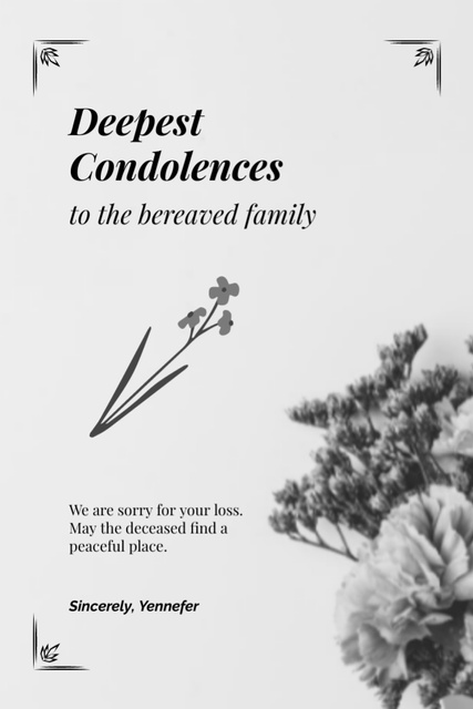 Deepest Condolence on Death on Black and White Postcard 4x6in Vertical Design Template