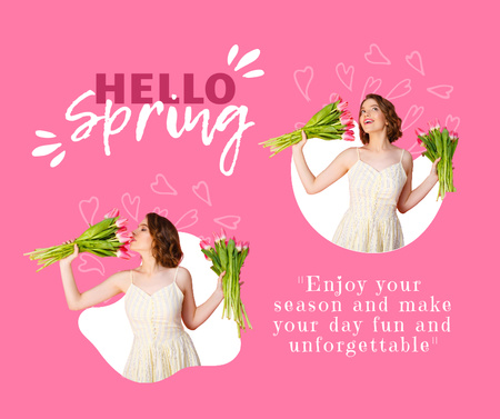 Ontwerpsjabloon van Facebook van Gefeliciteerd met de komst van de lente met afbeelding van vrouw met boeketten