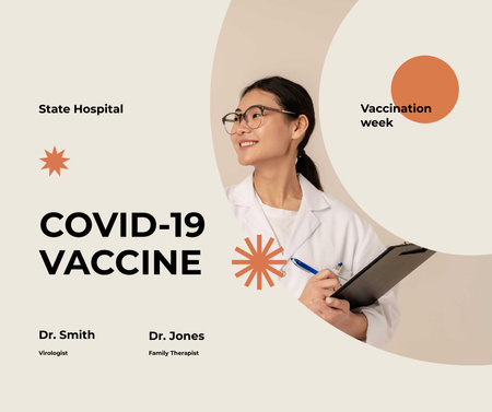 anúncio de vacinação contra o coronavirus com o médico amigável Facebook Modelo de Design