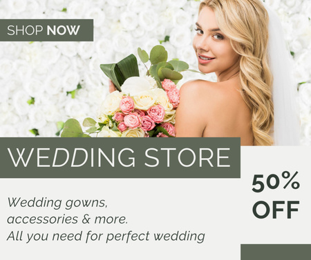 Platilla de diseño Wedding Dress Store Offer with Beautiful Blonde Bride Facebook