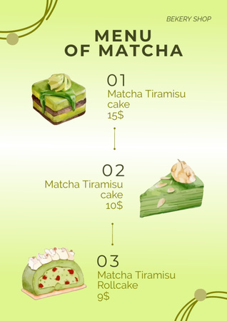 Bakery's Exotic Offer on Matcha Flavored Cakes Menu Design Template