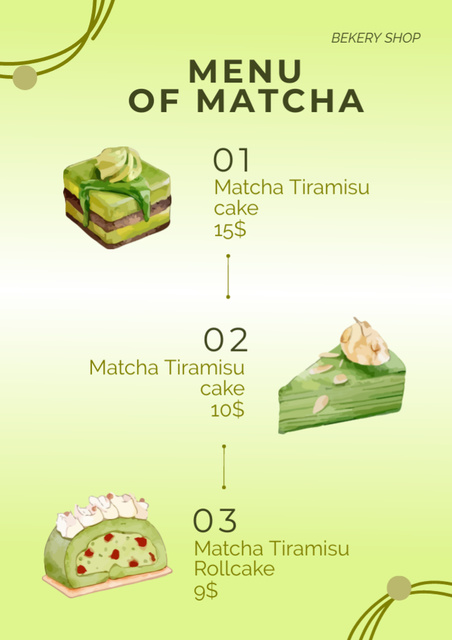 Modèle de visuel Bakery's Exotic Offer on Matcha Flavored Cakes - Menu