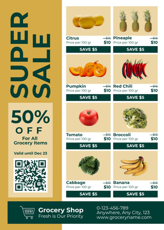 Grocery Discount For Veggies And Fruits With Qr-Code Flayer Design Template