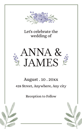 Plantilla de diseño de Invitación de boda minimalista con flores azules Invitation 4.6x7.2in 