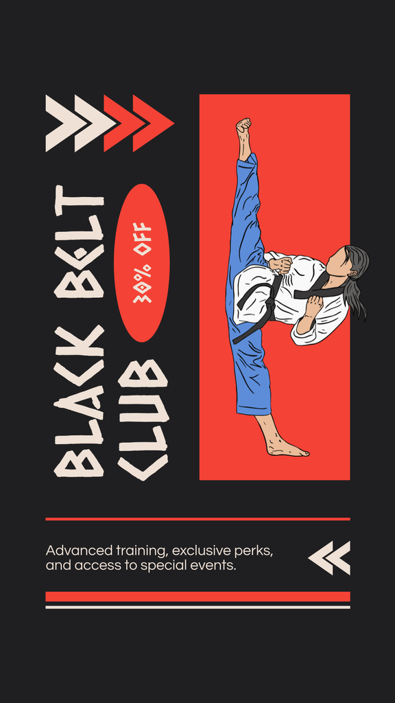 Designvorlage Ad of Black Belt Club with Woman in Fighting Position für Instagram Story