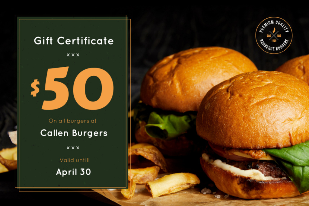 Fast Food Offer with Tasty Burgers and Fries Gift Certificate Modelo de Design