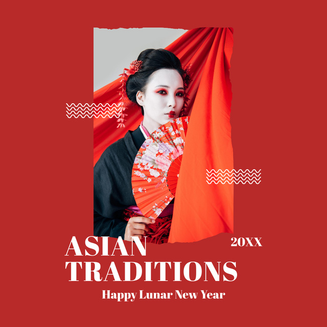 Happy New Year Greetings with Asian Woman in Traditional Costume Instagram Tasarım Şablonu
