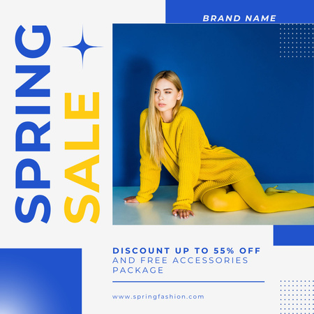 Ontwerpsjabloon van Instagram AD van Voorjaarsuitverkoop met mooie blonde vrouw in het geel