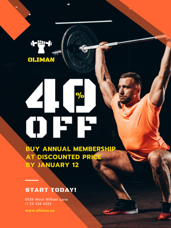 Gym Promotion with Man Lifting Barbell Poster US Tasarım Şablonu