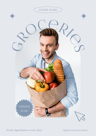 Platilla de diseño Cheerful Man with Paper Bag Full of Fresh Food Poster