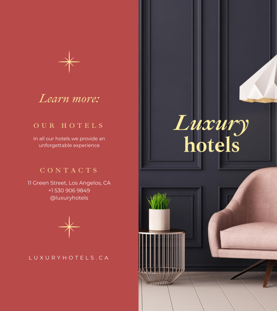 Luxury Hotels Ad With Categories In Red Brochure 9x8in Bi-fold Design Template