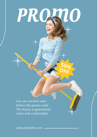 Funny Girl Flying on Mop Poster Design Template
