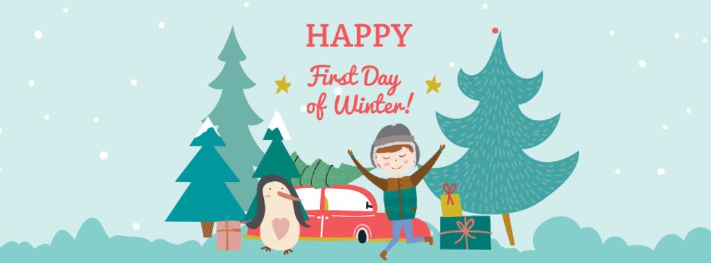 Boy and Penguin celebrating First Winter Day Facebook cover tervezősablon