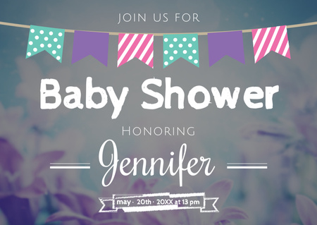 Ontwerpsjabloon van Postcard van Baby shower uitnodiging op blauwe bloemen