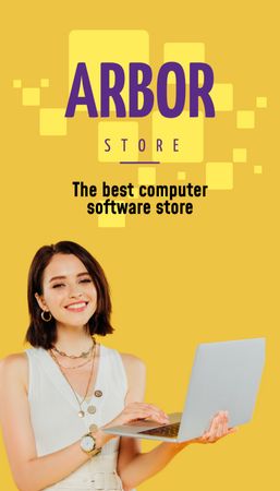 Template di design Annuncio del negozio di software per computer con una giovane donna Business Card US Vertical