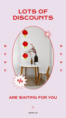 Kiinalaisen uudenvuoden alennusilmoitus, jossa on paljon alennuksia Instagram Story Design Template