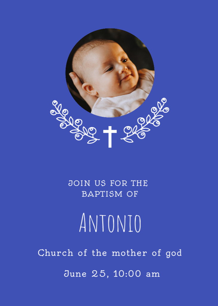 Platilla de diseño Baptismal Event with Cute Newborn In Blue Invitation