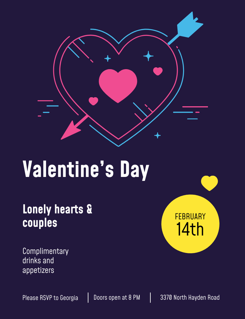 Valentine's Day Party Announcement With Hearts And Arrow on Deep Purple Invitation 13.9x10.7cm Šablona návrhu