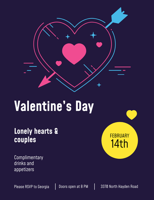 Valentine's Day Party Announcement With Hearts And Arrow on Deep Purple Invitation 13.9x10.7cm Šablona návrhu