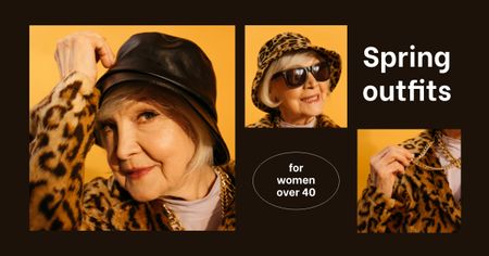 Tavaszi divat kiárusítási hirdetmény idősebb stílusos nővel Facebook AD tervezősablon