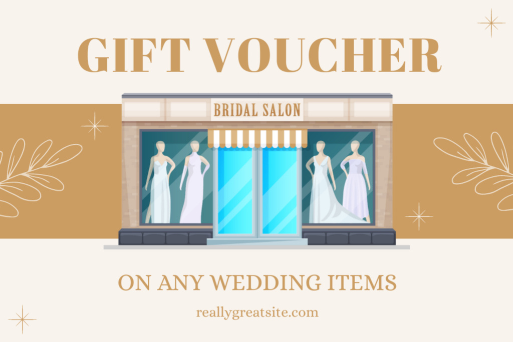 Bridal Salon Ad with Wedding Dresses on Mannequins Gift Certificate Tasarım Şablonu