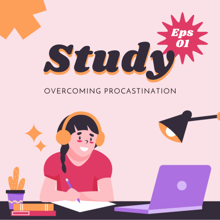 Study Tips Podcast Cover with Cartoon Girl Podcast Coverデザインテンプレート