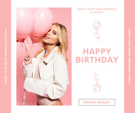 Aniversário da linda mulher loira com balões rosa Facebook Modelo de Design