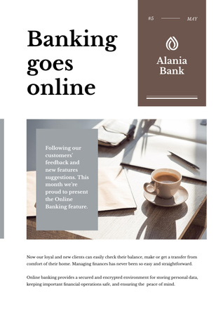 Online Banking Ad with Coffee on Workplace Newsletter Modelo de Design