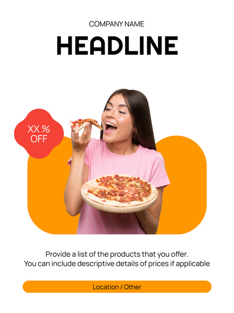 Ontwerpsjabloon van Poster US van Young Woman Offering Appetizing Pizza at Discount
