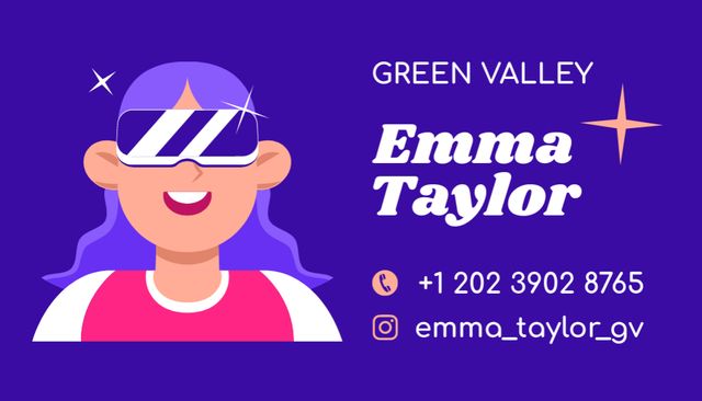 Cartoon Girl Wearing Virtual Reality Glasses Business Card US Design Template