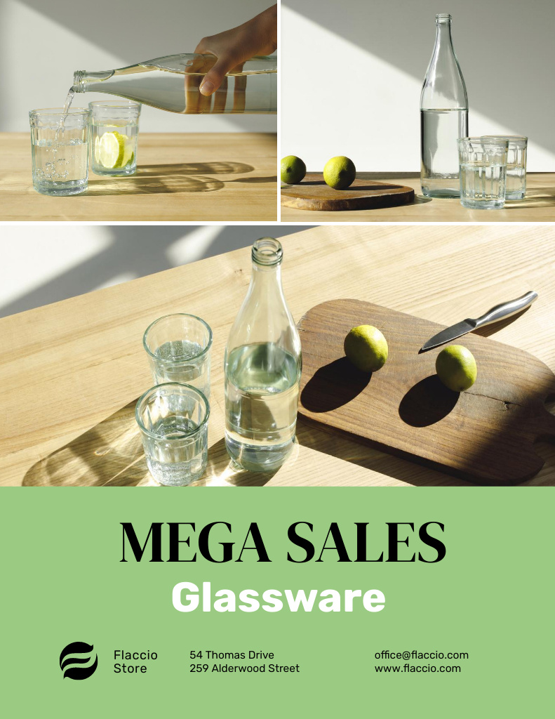 Kitchenware Sale with Jar and Glasses with Water on Green Poster 8.5x11in – шаблон для дизайна