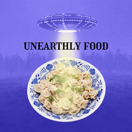 Funny Picture with Ufo shining over Plate of Dumplings Instagram Design Template